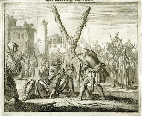 Jan Luyken ~ Apostle Bartholomew skinned alive and beheaded, Armenia, AD 70