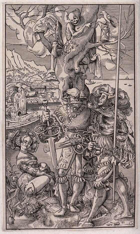 Urs Graf ~ Two mercenary soldiers approach a seated prostitute while Death sits in a tree, pointing to an hourglass
