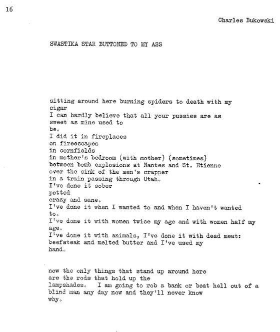 Bukowski ~ Swastika Star Buttoned to My Ass