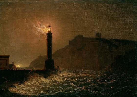 Joseph Wright of Derby ~ A lighthouse on fire at night