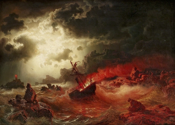 Marcus Larson ~ Ocean at Night with Burning Ship