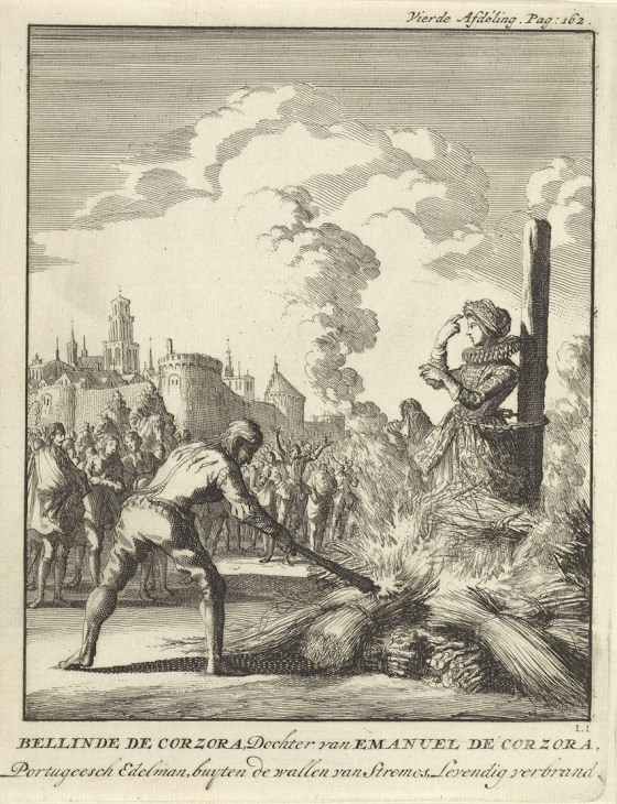 Jan Luyken ~ Bellinde de Corzora burned at the stake outside the walls of Stremos