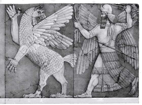 Mesopotamian god Ninurta (with thunderbolts) battles the gryphon-like Anzû (from the ruins of Nimrud)