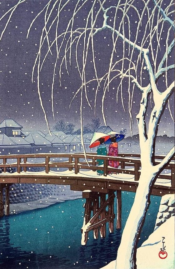 Hasui Kawase ~ Evening Snow, Edogawa River