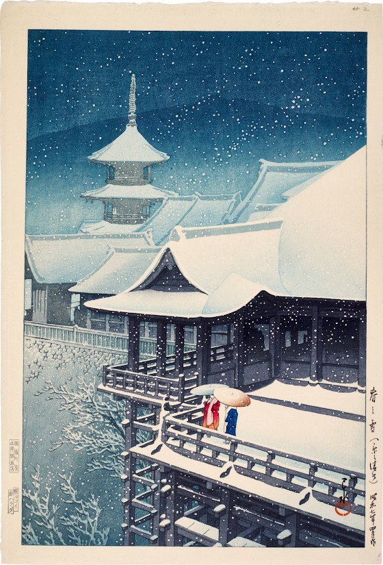 Hasui Kawase ~ Spring Snow at Kiyomizu Temple in Kyoto