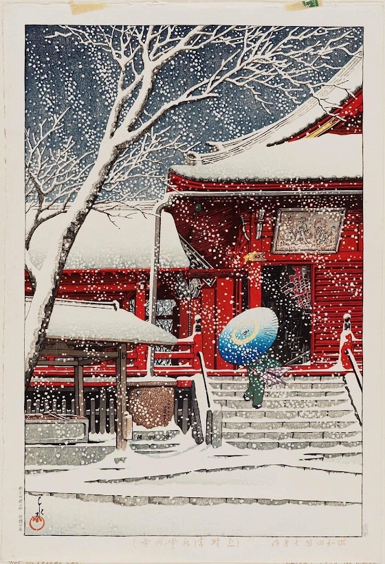 Hasui Kawase ~ Snow at Kiyomizu Hall, Ueno