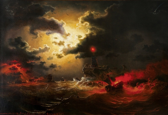 Marcus Larson ~ The Sea in the Moonlight with Lighthouse and Burning Steamers