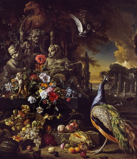 Jan Weenix ~ Flowers on a Fountain with a Peacock
