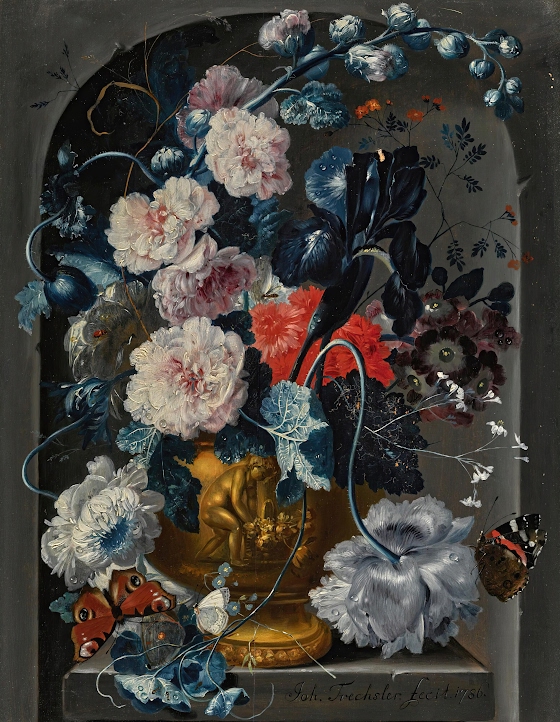 Johann Baptist Drechsler ~ Still life with carnations, roses, hollyhocks and other flowers in a sculpted bronze urn with butterflies in an alcove