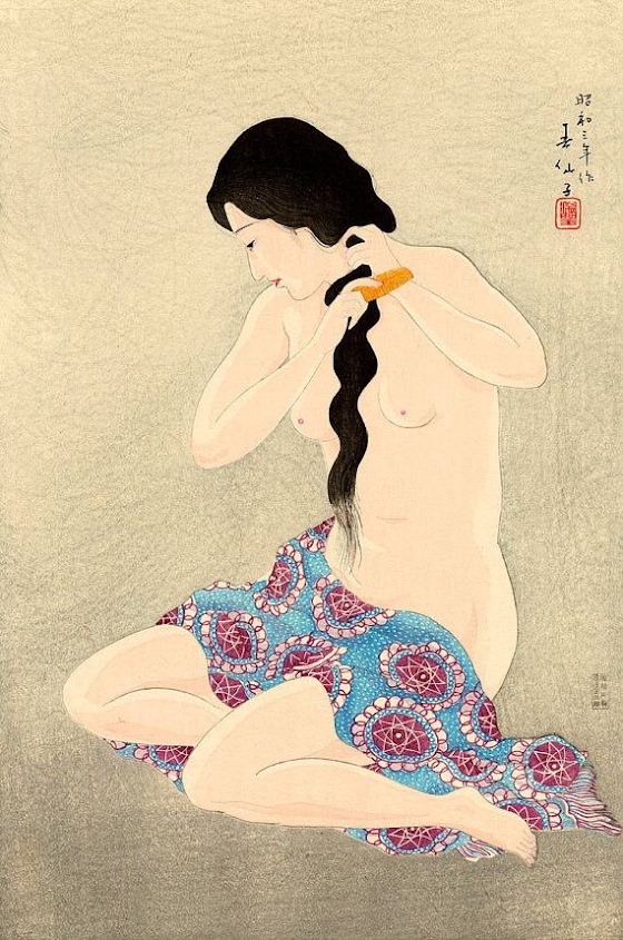 Natori Shunsen ~ Kamisuki [Combing her hair], from the series Shunsen bijin sanshi [Three Beauties by Shunsen]